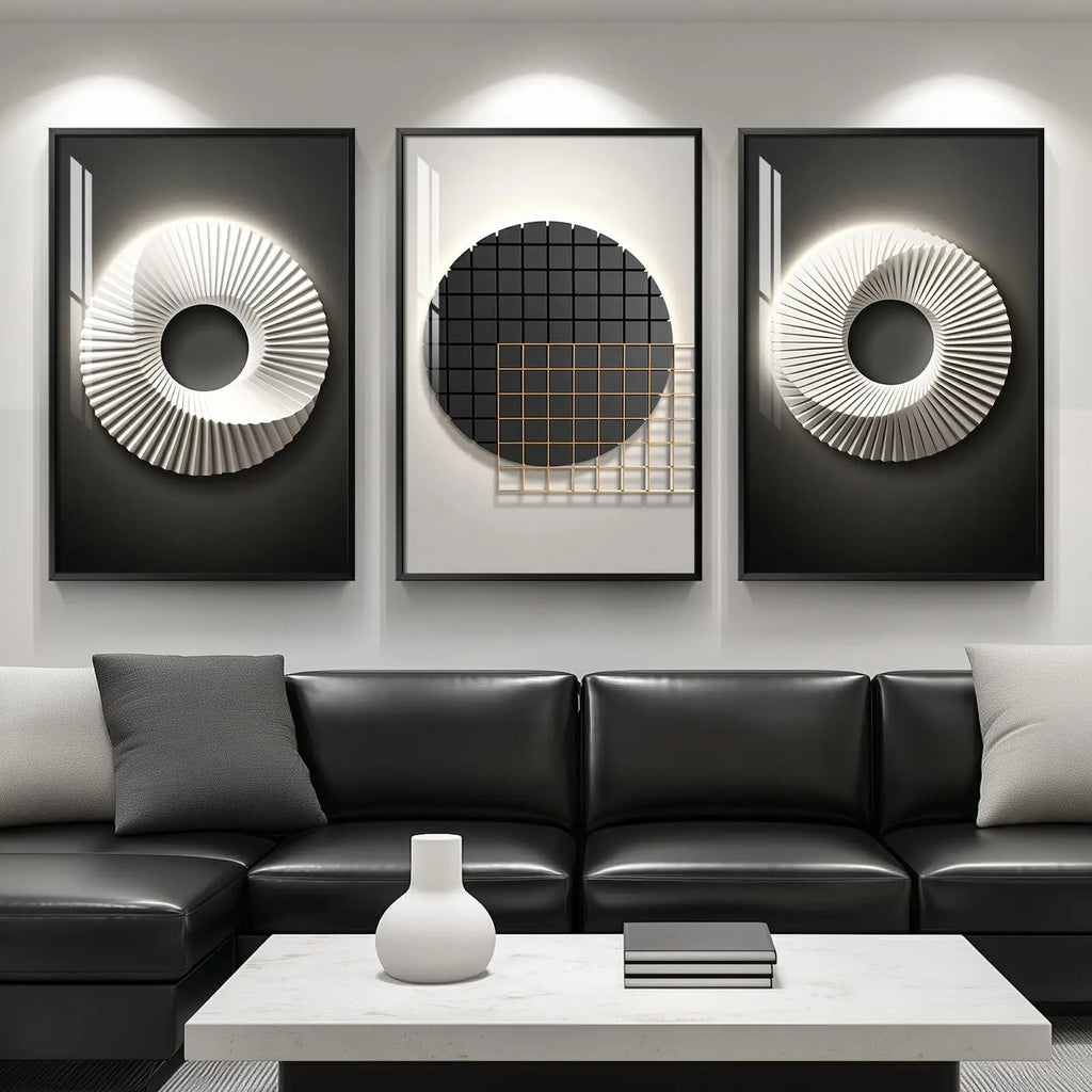 Large Framed Modern Wall Art for Living Room, 3 Piece Black and White Abstract Contemporary Pictures Artwork Decor, Geometric Luxury Bright Style Prints Paintings for Hallway and Office 24x36 Inch