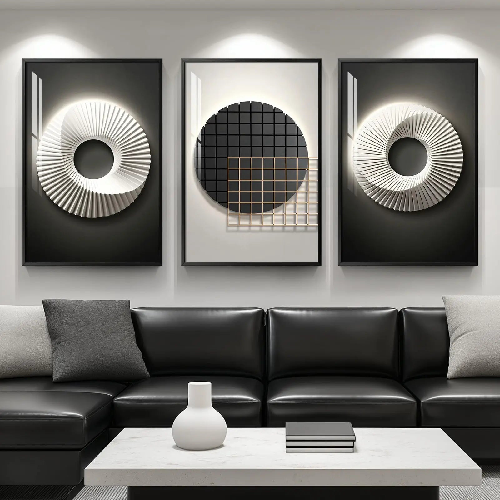 Large Framed Modern Wall Art for Living Room, 3 Piece Black and White Abstract Contemporary Pictures Artwork Decor, Geometric Luxury Bright Style Prints Paintings for Hallway and Office 24x36 Inch