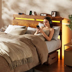 Queen Bed Frame with Wood Headboard,2 Storage Drawers amp Shelf Builtin Charging Station amp LED Lights, Metal Support, No Box