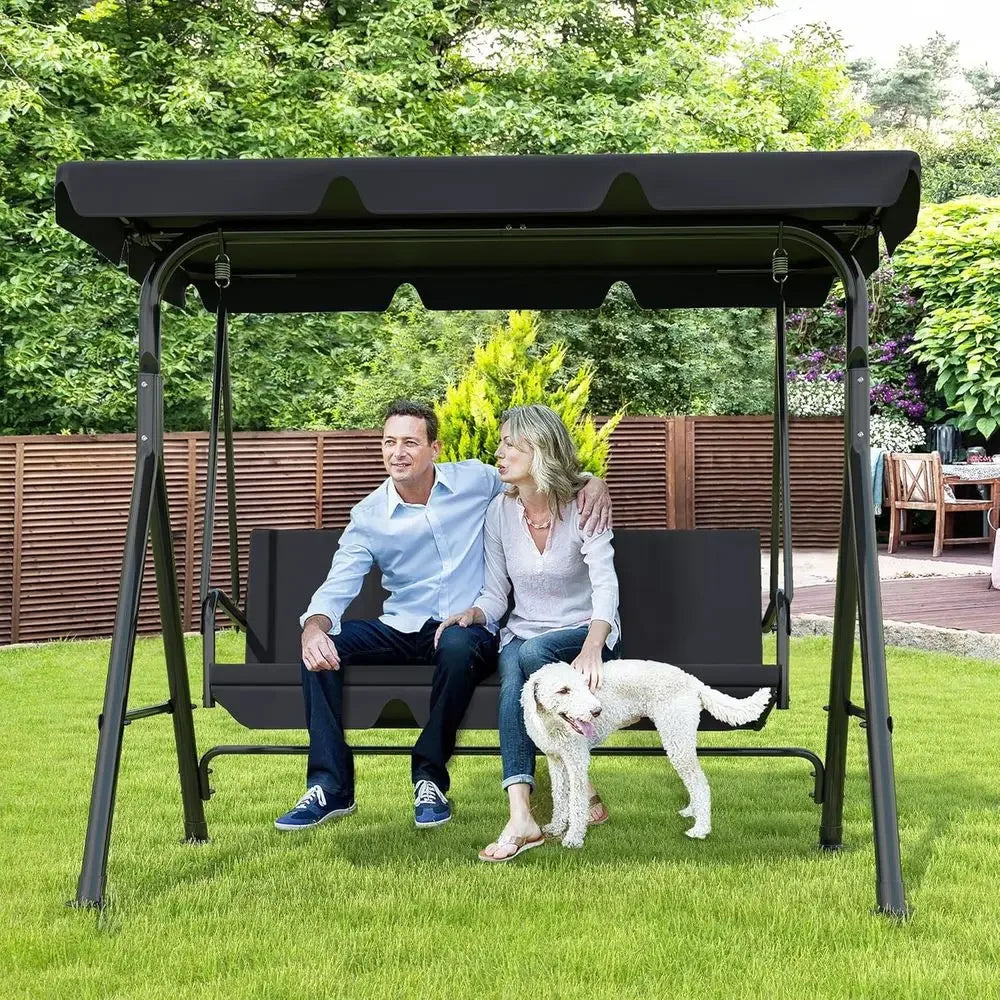 Durable Adjustable 3-Seat Patio Swing Chair for Outdoor Porch, Garden, and Poolside (Black)