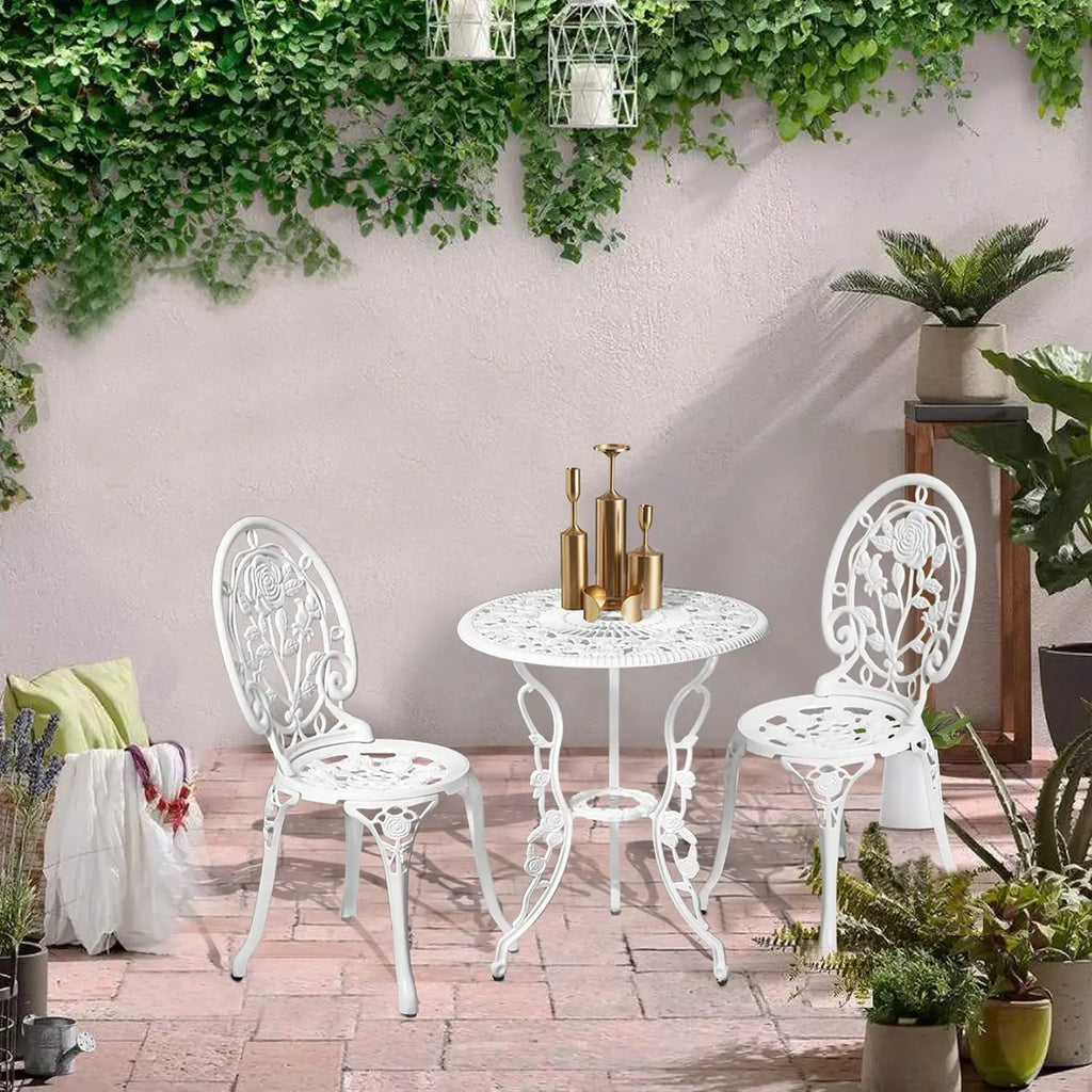 Outdoor Patio Bistro Set 3 Piece Cast Aluminum Rose Pattern Table And Chairs Durable All Weather Rust Resistant Garden Balcony Deck Furniture Rose White