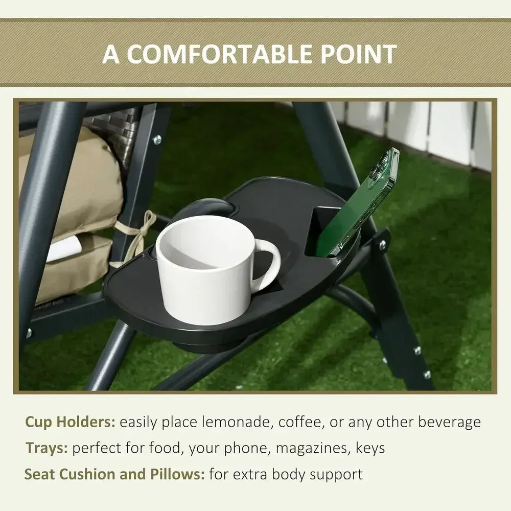 3-Seat Outdoor Swing with Adjustable Shade, Removable Cushion, and Rattan Seat for Garden, Porch, Backyard, Poolside