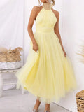 Women Backless Long Tulle Dress Adjustable Halter Neck High Waist Solid Party Wedding Dress