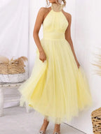 Women Backless Long Tulle Dress Adjustable Halter Neck High Waist Solid Party Wedding Dress