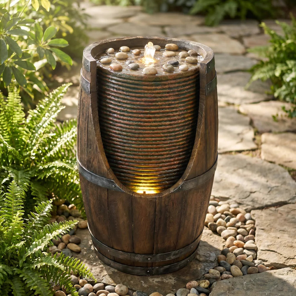 Outdoor Barrel Water Fountain with Lights Rustic Wood Look Resin Handmade Waterfall Garden Decor for Patio Yard Porch