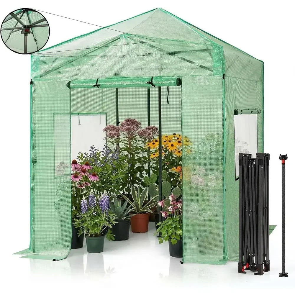 6x8ft Portable Outdoor Greenhouse Kit with Roll-Up Door, Adjustable Height, Mesh Windows, and Center Lock
