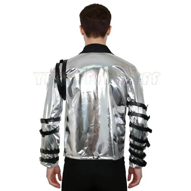 A person named Michael imitates costumes cosplay costumes performance costum silver leather jackets Halloween stage costum
