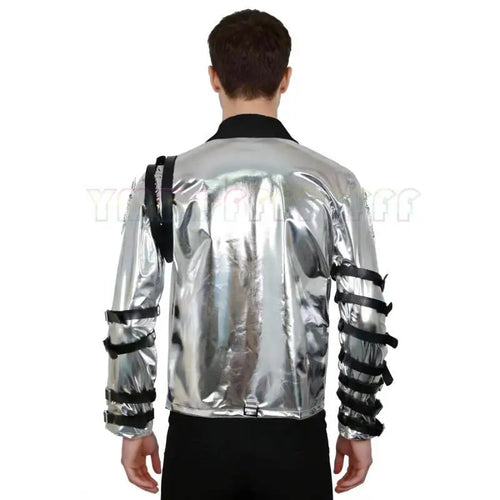 A person named Michael imitates costumes cosplay costumes performance costum silver leather jackets Halloween stage costum