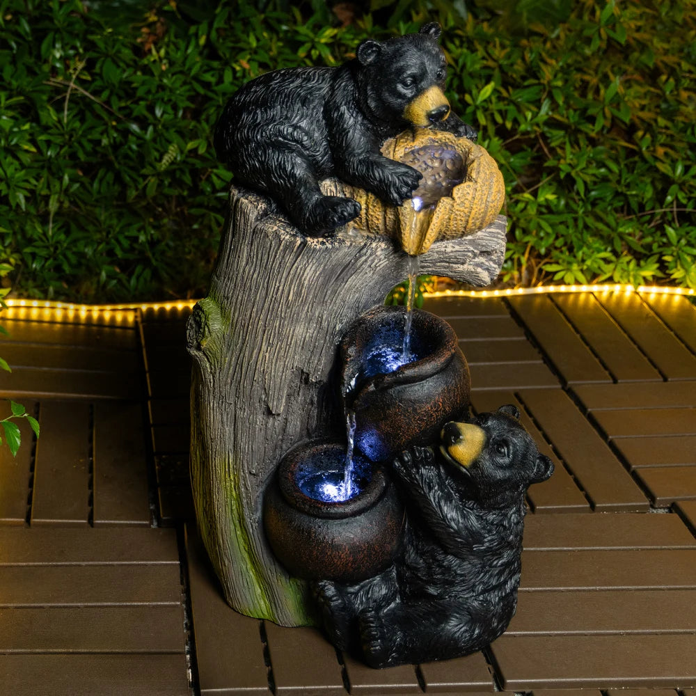 Bear Outdoor Water Fountain with LED Lights Cascading Fountains Outdoor for Patio Yard Balcony 23.62'' Garden Fountains Outdoor and Outdoor Water Fountain Decor