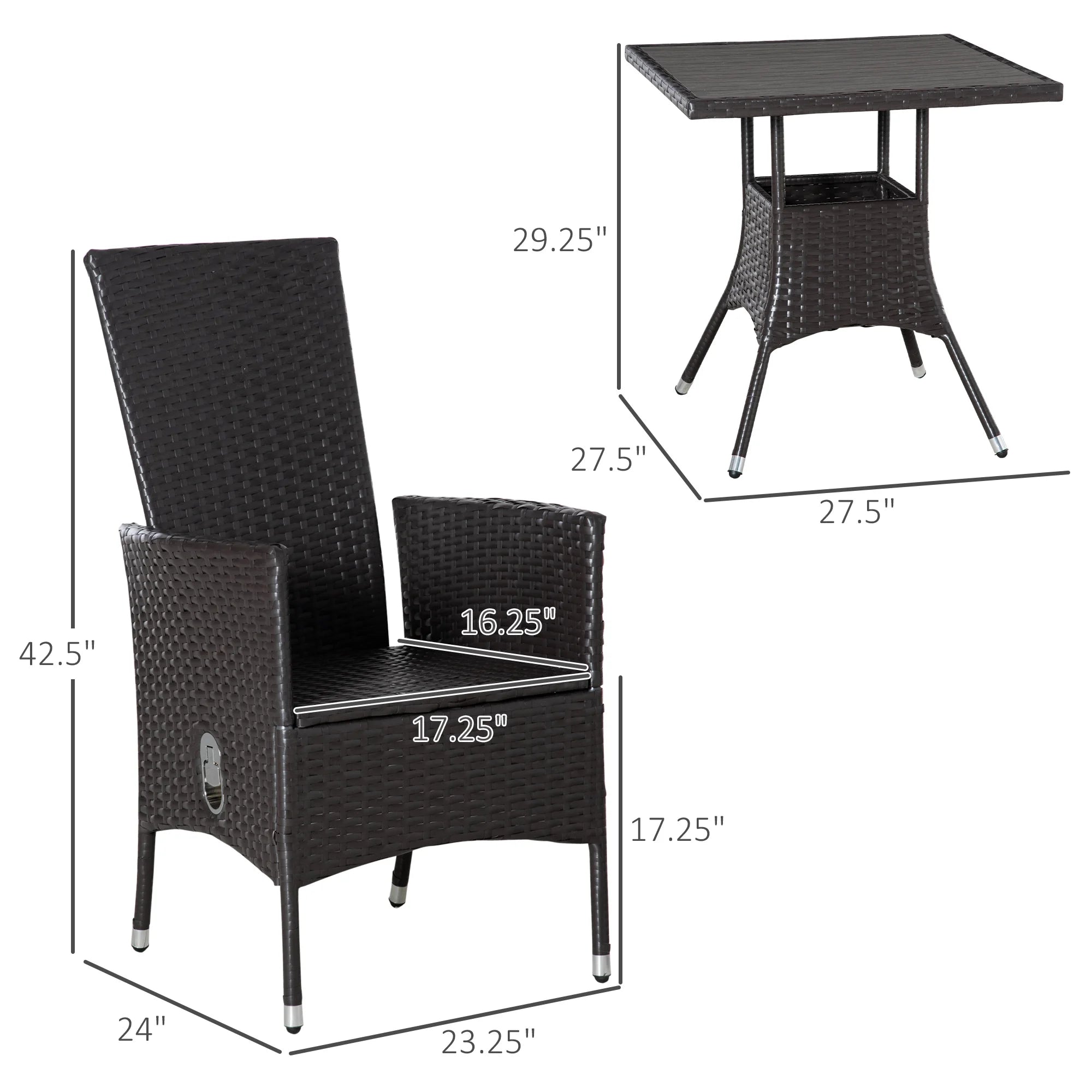 3pcs Patio Reclining Chair Set Rattan Wicker Furniture, Armchairs, Table, White