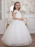 Kids Princess Ivory Short Sleeve Floral Embroidered Tulle Ball Gown Maxi Pageant Dress For Formal Events