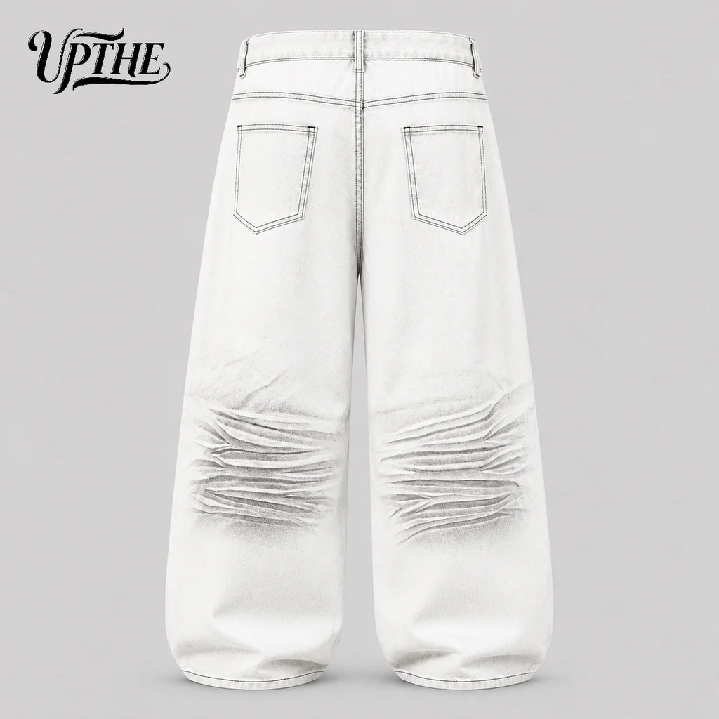 UP.THE Men White Gradient Washed Crinkle Baggy Wide Leg Jeans, Y2K Oversized Loose Distressed Denim Pants, Grunge Streetwear Trousers for Daily Outfits