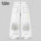 UP.THE Men White Gradient Washed Crinkle Baggy Wide Leg Jeans, Y2K Oversized Loose Distressed Denim Pants, Grunge Streetwear Trousers for Daily Outfits