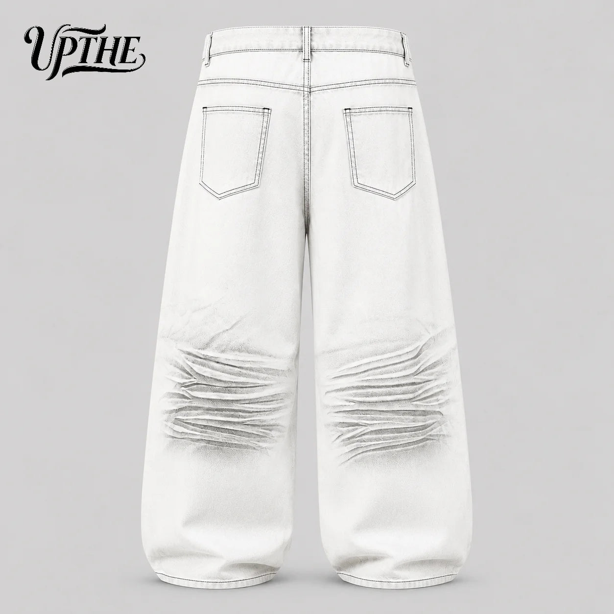 UP.THE Men White Gradient Washed Crinkle Baggy Wide Leg Jeans, Y2K Oversized Loose Distressed Denim Pants, Grunge Streetwear Trousers for Daily Outfits