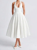 Women Jacquard Halter A-Line Tea-Length Dress For Evening Party