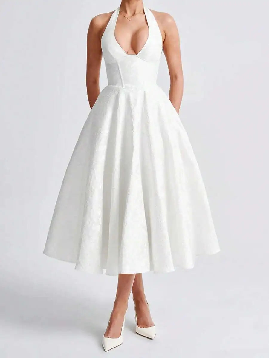 Women Jacquard Halter A-Line Tea-Length Dress For Evening Party
