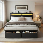 Queen Size Wooden Bed Frame with Headboard, Storage Drawers, Charging Station, LED Lights, Metal Support, No Box Spring Needed