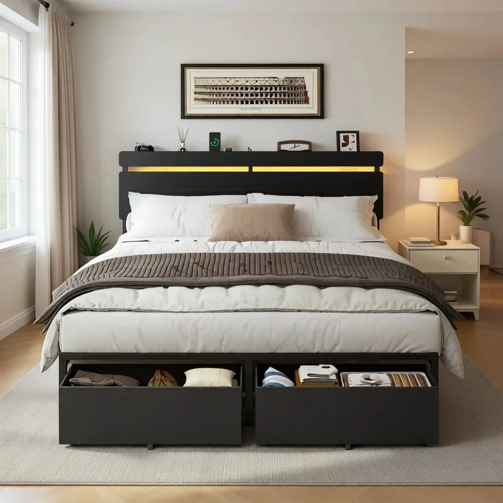 Queen Size Wooden Bed Frame with Headboard, Storage Drawers, Charging Station, LED Lights, Metal Support, No Box Spring Needed