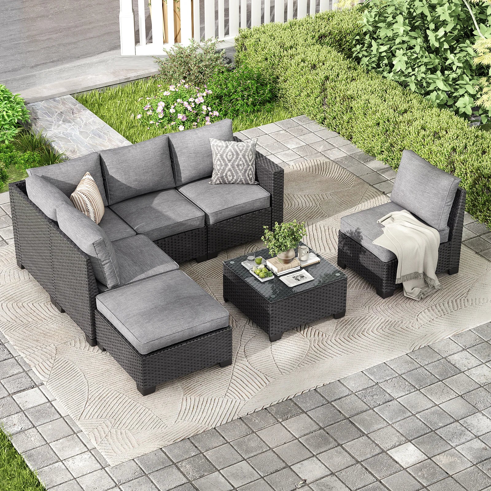 Farini Patio Sectional Sofa Set, Outdoor Furniture with Ottoman, Water/Oil/Stain-Resistant Fabric, Dark Gray Cushion + Gray Wick