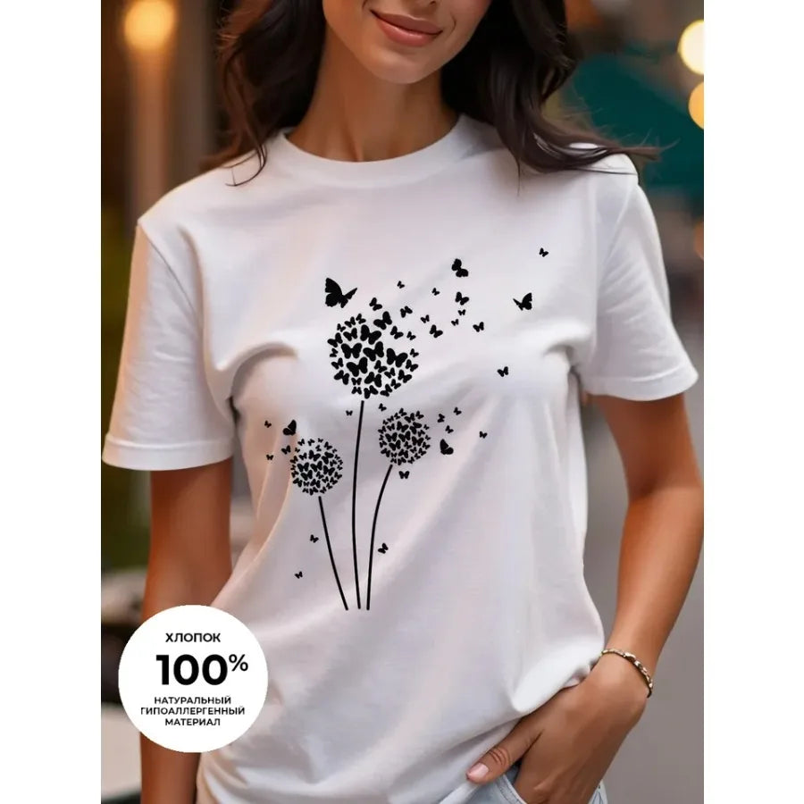 【New Arrival】Dandelion Butterfly Watercolor Print T-Shirt Women's Summer Cotton Casual Top