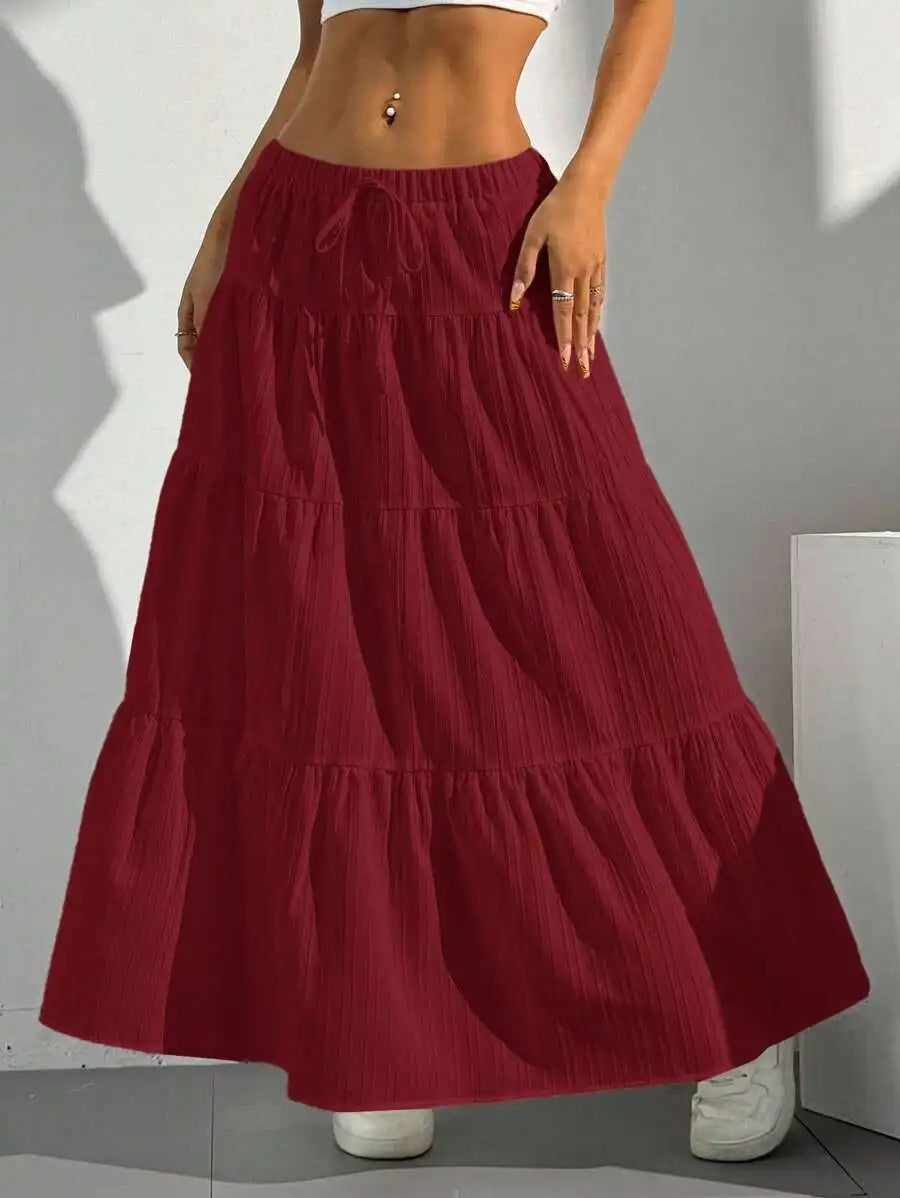 Flared Long Skirt Spring Summer Women Euro American Loose Tie Strap Splice Midi Skirt Light Soft Fabric Flowy Vacation Daily Casual Bottoms