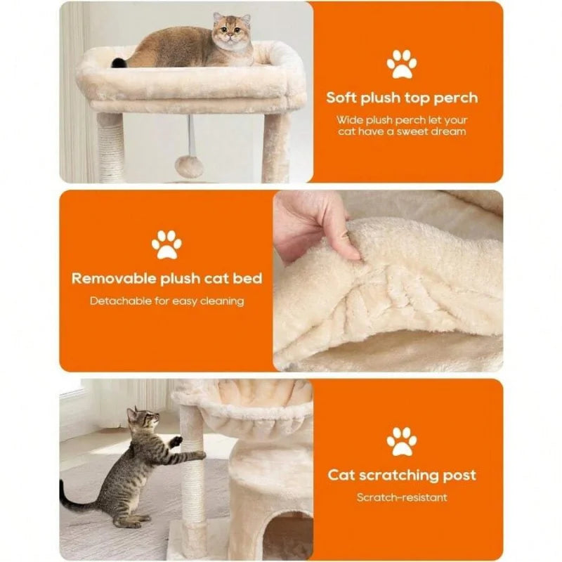 Small Cat Tree For Indoor Cats, Kittens Condo With Scratching Post And Board, Modern Activity Tower With Cradle, Beige