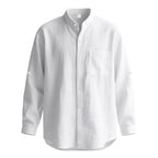 Men White Linen Button Down Long Sleeve Shirt Mandarin Collar Chest Pocket Roll Tab Cuff Loose Oversized Breathable Textured Beach Vacation Casual Holiday Top