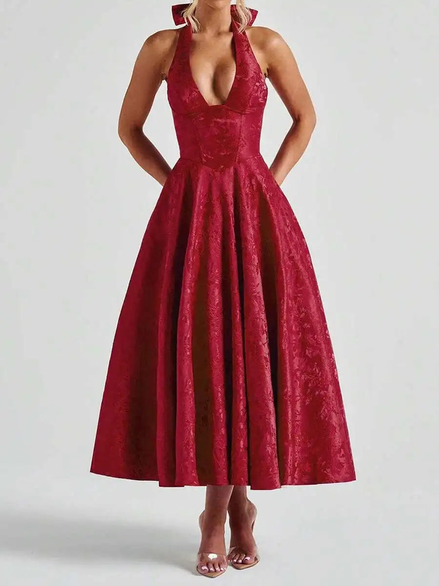Women Jacquard Halter A-Line Tea-Length Dress For Evening Party