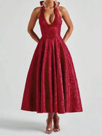 Women Jacquard Halter A-Line Tea-Length Dress For Evening Party