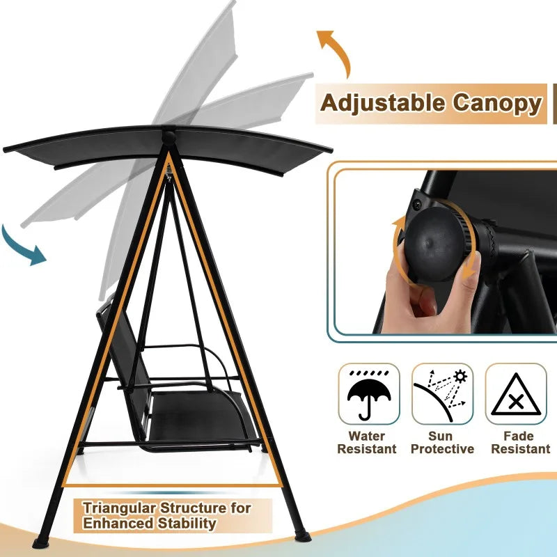 2-Seat Patio Swing Porch Swing w/ Adjustable Canopy for Garden Black Outdoor Furniture
