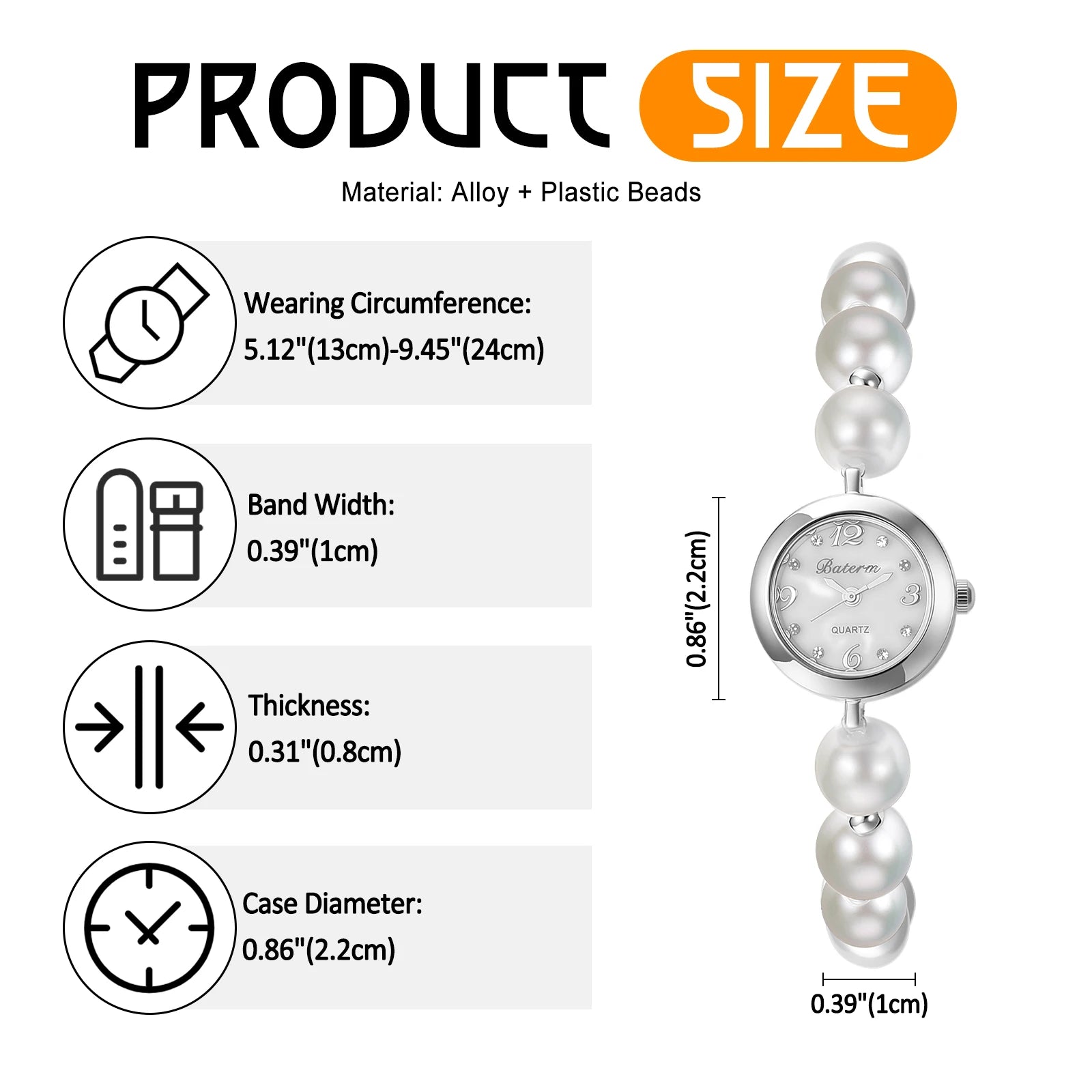 Women's faux pearl beaded bracelet watch, adjustable sliding clasp strap, quartz analog dial, faux diamond embellishments, Arabic numeral markers, stylish and exquisite, a perfect gift for girls and women