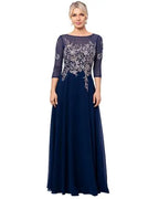 Women Boat Neck 3/4 Mesh Sleeve Floral Lace Appliques Chiffon Long Dress Elegant A Line Wedding Party Mother of Bride Formal Evening Maxi Gown