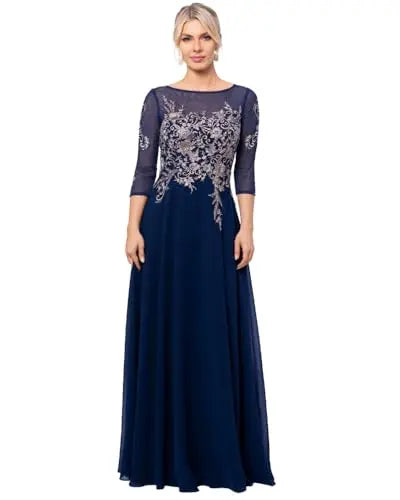 Women Boat Neck 3/4 Mesh Sleeve Floral Lace Appliques Chiffon Long Dress Elegant A Line Wedding Party Mother of Bride Formal Evening Maxi Gown