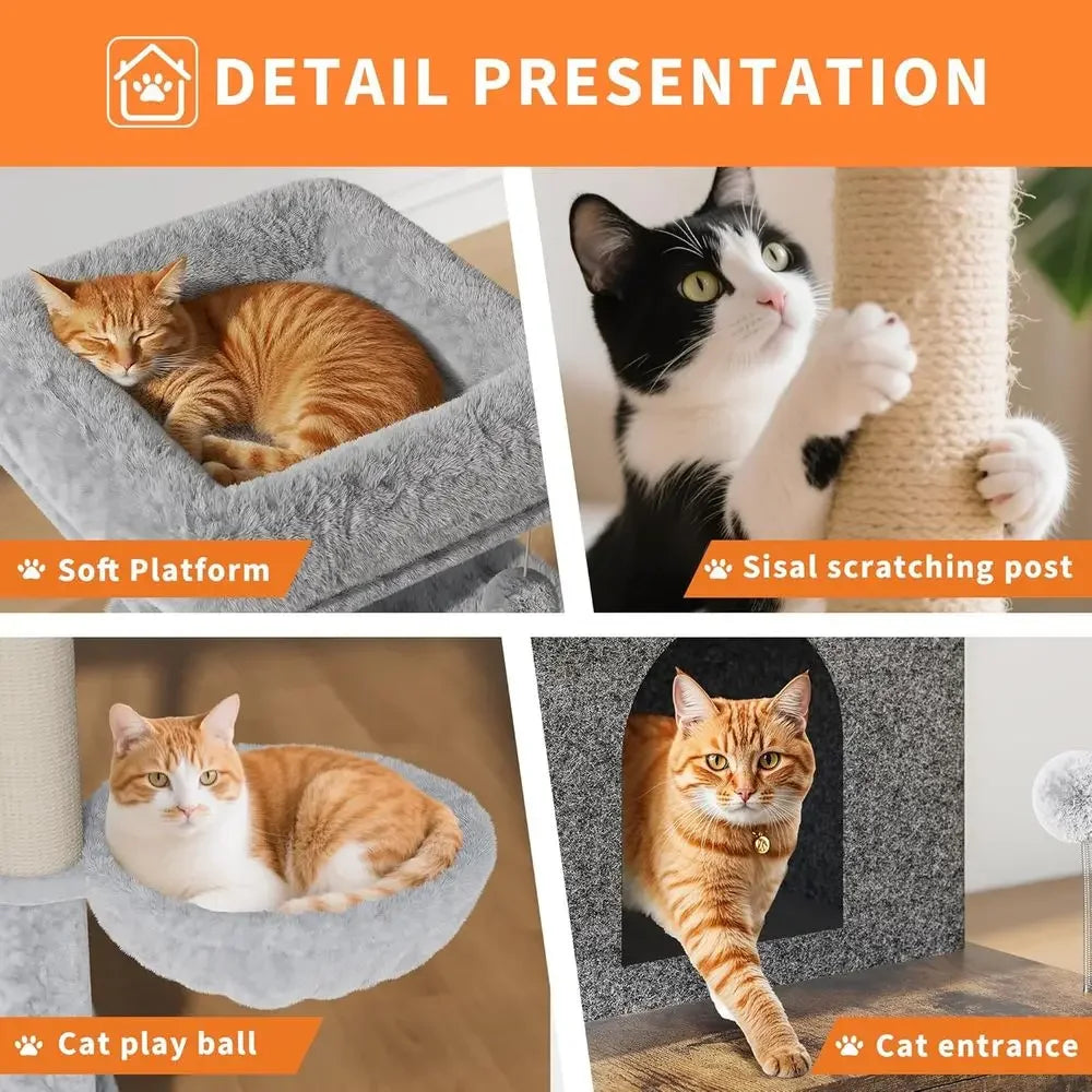 Large Multi-Level Cat Tree with Litter Box Enclosure, Play House, Hammock, Perch, Scratching Post, and Balls - Wooden Cat Furnit