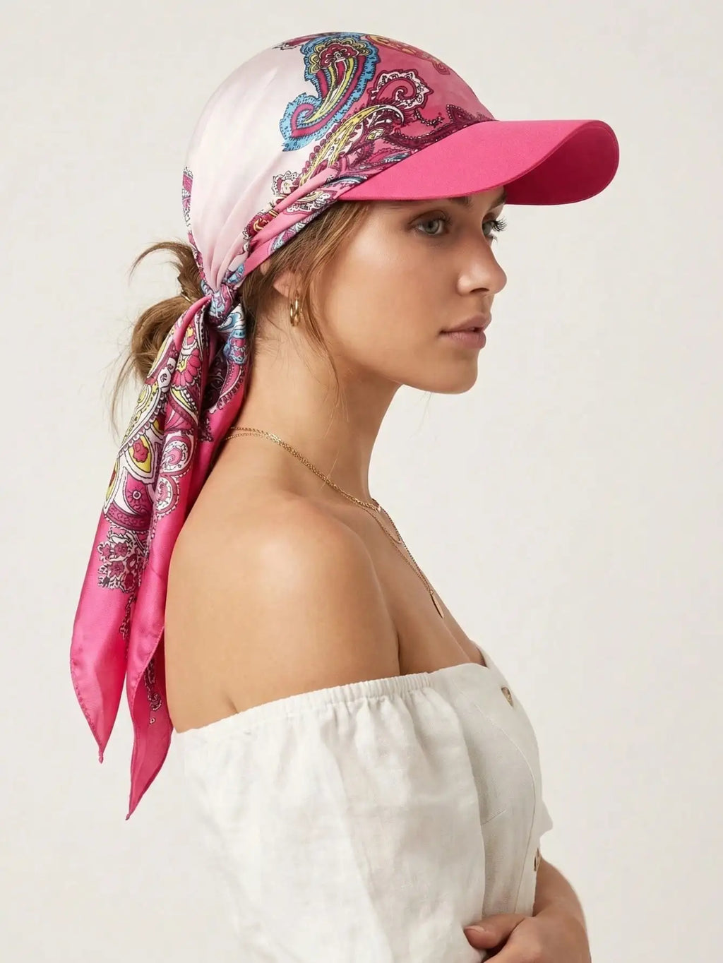 Women Fashion Printed Satin Headscarf Baseball Cap with Brim, Soft Breathable Summer Outdoor Sun Protection Hat Ladies Windproof Head Wrap Sun Hat