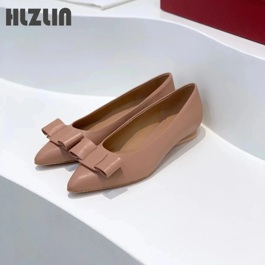 2026 Women's leather loafers, low-heeled moccasins with bows, light ballet flats spring and autumn