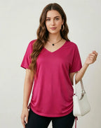 Plus size spring and summer rose pink V-neck drawstring T-shirt loose slimming short sleeve top side drawstring adjustable casual T-shirt
