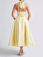 Women Jacquard Halter A-Line Tea-Length Dress For Evening Party
