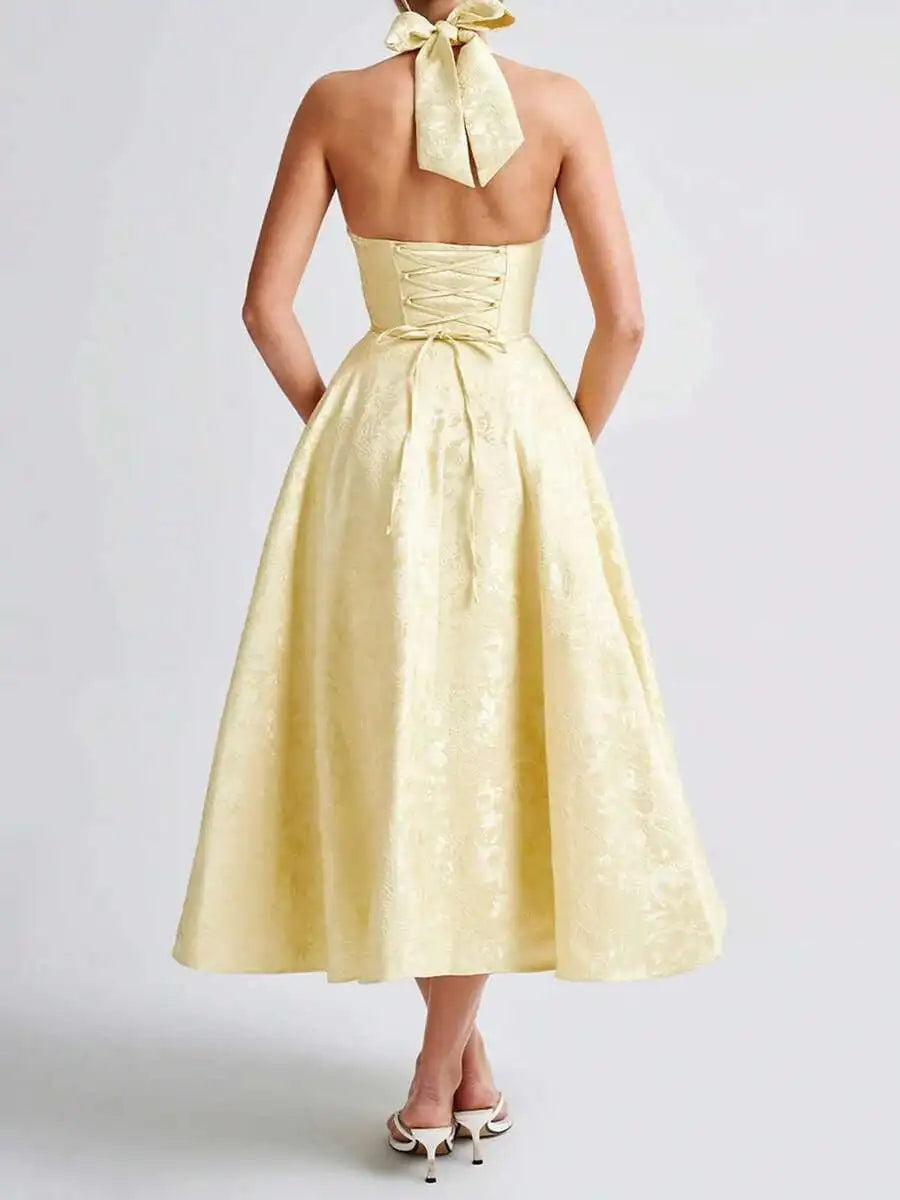 Women Jacquard Halter A-Line Tea-Length Dress For Evening Party