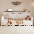 Twin Daybed with Storage, Metal Frame, X-Headboard, Charging Station, White/Walnut Upholstered