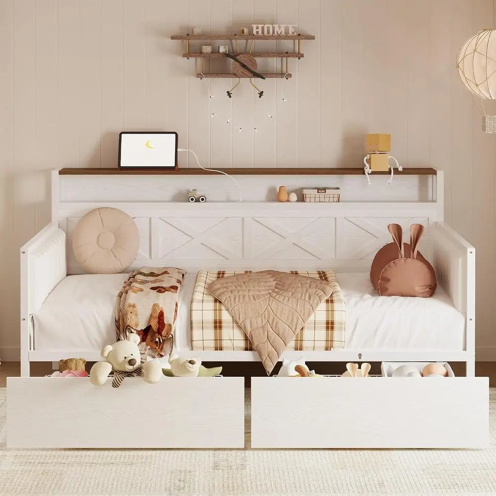 Twin Daybed with Storage, Metal Frame, X-Headboard, Charging Station, White/Walnut Upholstered