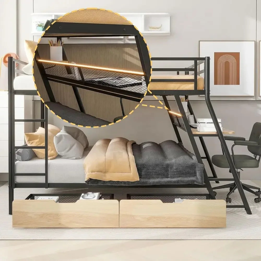 Double Deck Bunk Bed with Integrated Desk, Lights, and Storage Drawers, No Box Spring Needed, Black