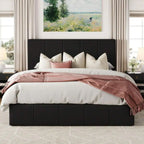 Full/Queen/King Size Velvet Lift Up Storage Bed Frame, Vertical Channel Tufted Headboard, Hydrualic Underneath Storage, Upholstered Platform Bed, Wooden Slats Support, No Box Spring Needed, Black