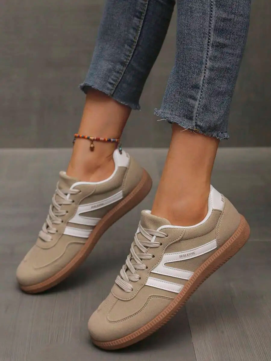 Womens Pink Casual Flat Sneakers With White Stripes Comfortable Lace-Up Shoes For Spring Summer