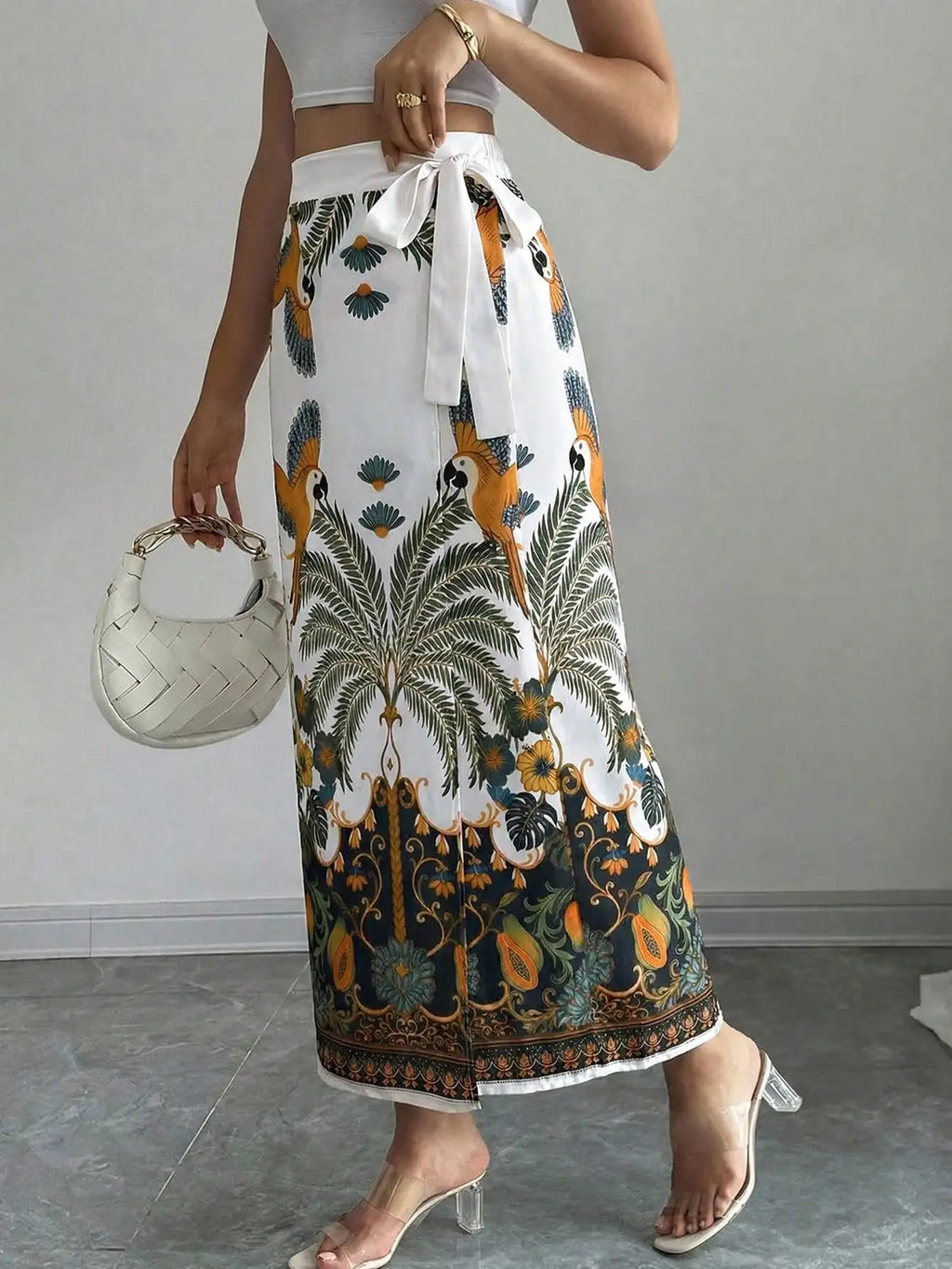 Elenzga Women's Elegant Floral Print Wrap Tie Straight Skirt, Vacation Style