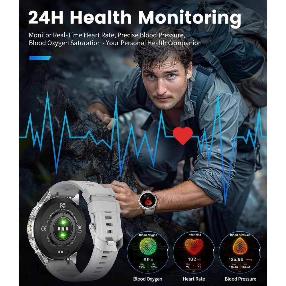 Military Smart Watches for Men: 600mAh Battery, 1.43" AMOLED Screen, Heart Rate Monitor, 110+ Sports Modes