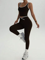 Women's High-Waisted Yoga & Fitness Set - Colorblocked Athletic Top And Leggings, Stretchy Polyester Blend, Perfect For Running