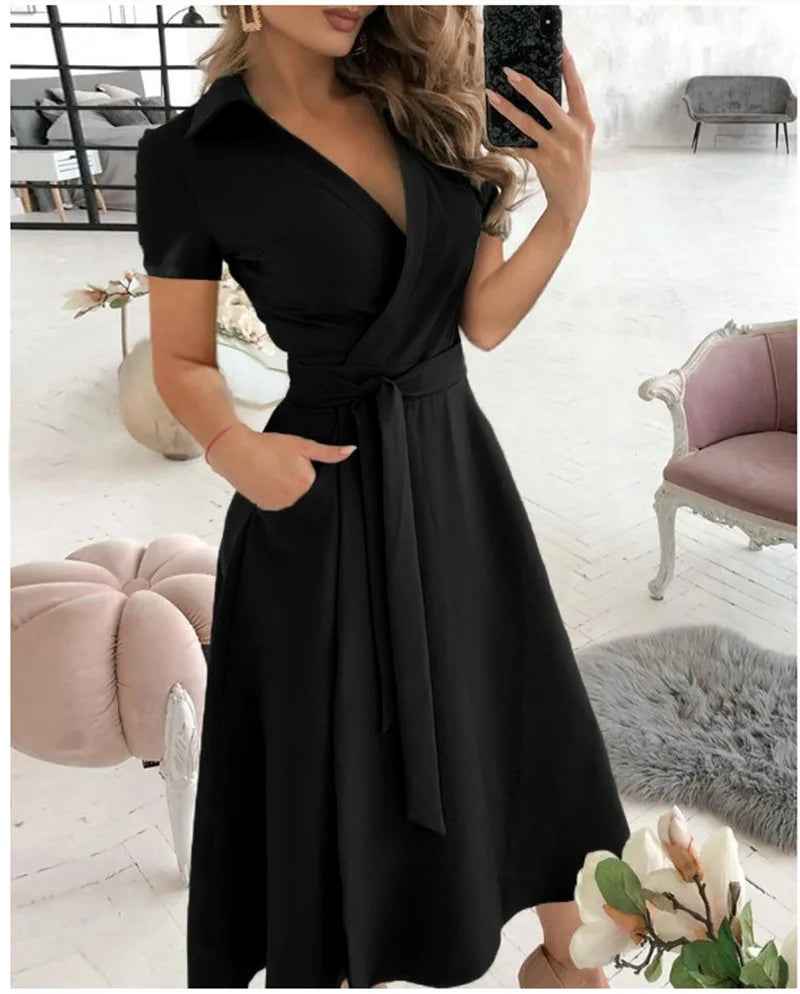 Solid Wrap Midi Dress Elegant Women Dress Mid Short Sleeve V Neck Tie Waist Pocket A-line Office Daily Summer