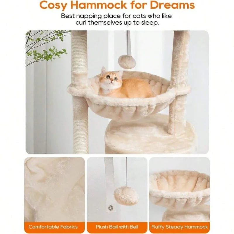 Small Cat Tree For Indoor Cats, Kittens Condo With Scratching Post And Board, Modern Activity Tower With Cradle, Beige