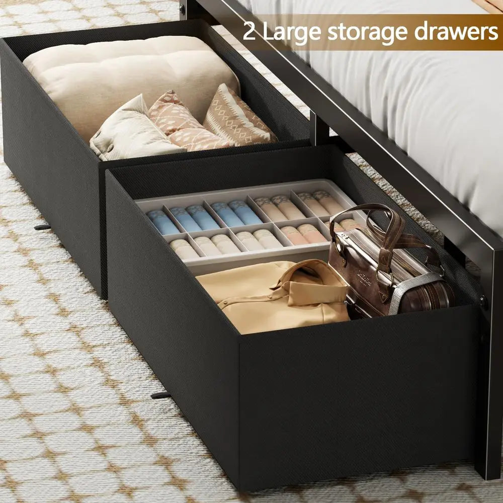 Queen Bed Frame with Headboard Storage, Charging Station, Drawers 1200 lbs Capacity, LED lights, Platform Bed Frame Queen Size,